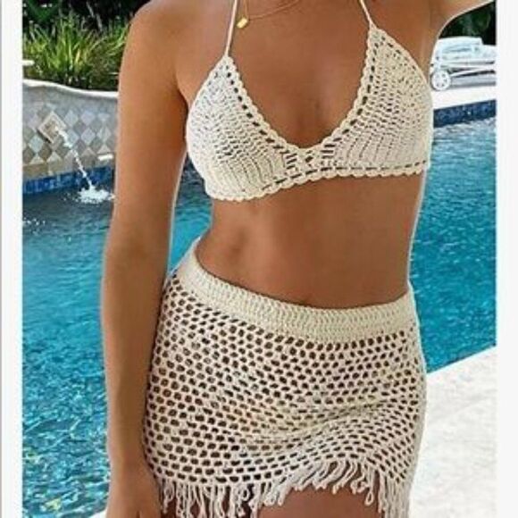 New Crochet Knit 2 Piece Swimsuit Bikini Cover Up Set - Picture 5 of 6
